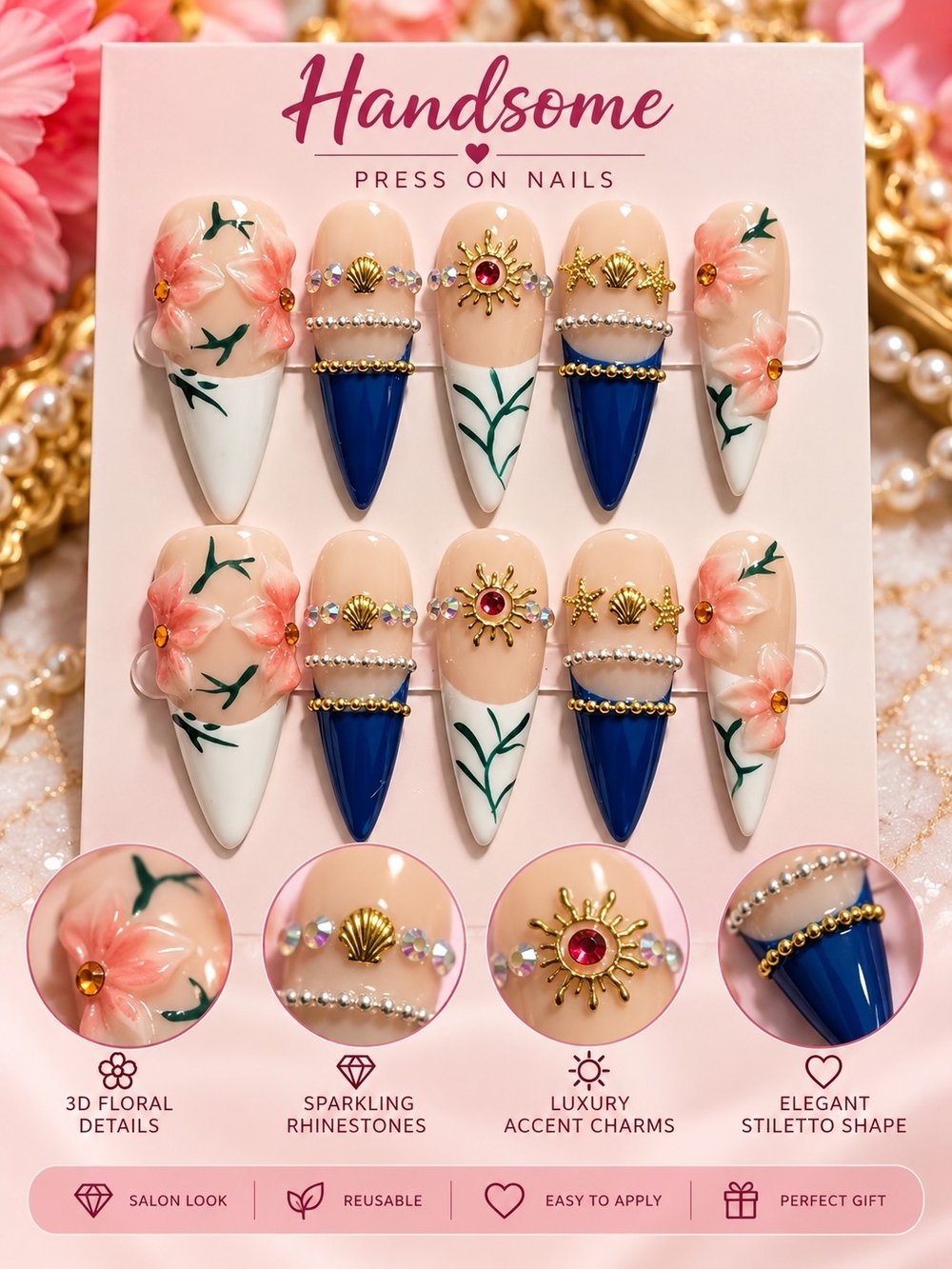 Women's Press-On Nails - Pink, Blue & White Floral Stiletto Set